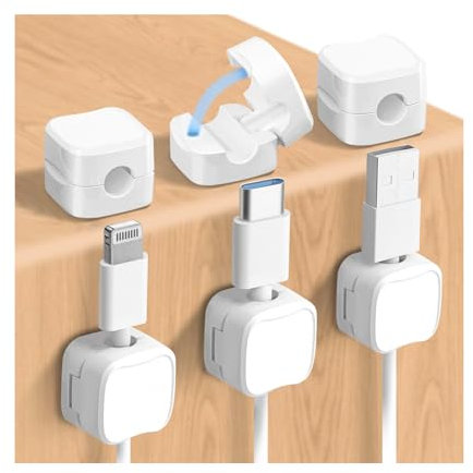 Clips Câble Magnétique 6 Pièces, Organisateur de Cable Blanc, Auto Adhésifs Puissants, Support Cable Bureau pour Bureau,Table de Nuit, Maison Voiture, Compatible Câbles de Charge, Hdmi, USB Audio