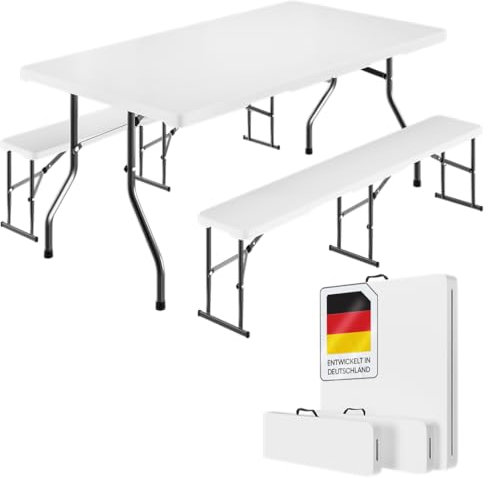 STEELSØN Zennar Bierzeltgarnitur weiß – Gartenmöbel Set 3-TLG. – Klapptisch mit 2X Bank wetterfest – Biertischgarnitur klappbar aus Kunststoff – Festzeltgarnitur für Terrasse und Balkon 8 Personen