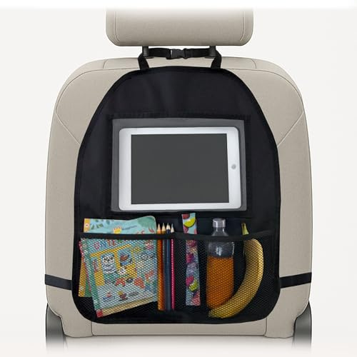 Zamboo Organizador de Coche Asiento Trasero para Niños con Soporte Tablet (hasta 11) – Protector de Respaldo Universal y Almacenamiento Juguetes y Accesorios – para Cualquier Asiento – Negro