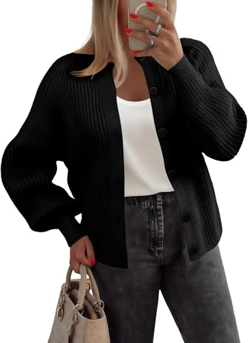 Zeagoo Cárdigan de Punto Mujer Corto Cuello Redondo con Botones Abierto Suéter Elegante Casual Chaqueta de Punto para Mujer Negro S
