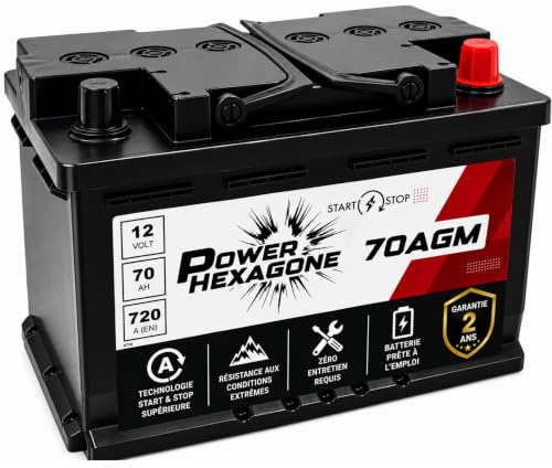 Batterie 12V 70 Ah AGM Start & Stop - Démarrage de 720A - Auto Sans Entretien - Format L3 pour Véhicules Récents Start & Stop - Remplacement batterie Origine - Power Hexagone