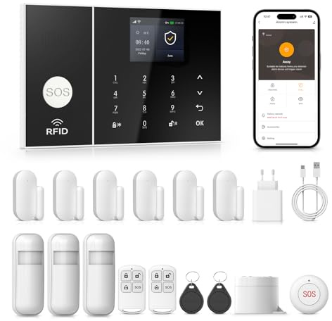 PGST WiFi Sistema di Allarme Casa Senza Fili,GSM SMS Sistema Antifurto Completo con Sirena Allarme 120dB,Telecomando Intelligente,Display LCD, Invite vocale,Sicurezza per la ufficio,Casa