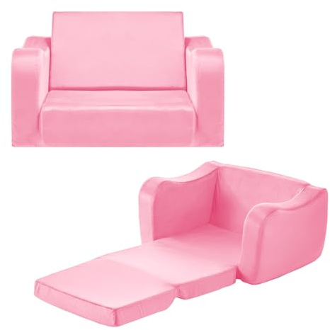VEVOR Sofá Infantil 2 en 1, Convertible en Tumbona, Sofá Cama Plegable y Suave de Esponja 28D y Pelo Corto con Reposabrazos, Ideal para Jugar o Descansar Cómodamente para Niños, Talla M, Rosa