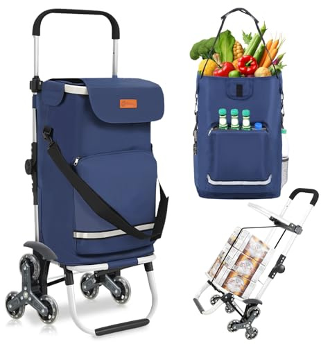 Sekey Carro de la Compra Plegable con Escalera, Carro de la Compra Plegable para residentes urbanos, Porche de 3 Ruedas, Carrito 3 en 1, Carretilla de Mano y Bolsa de Hombro, Color Azul