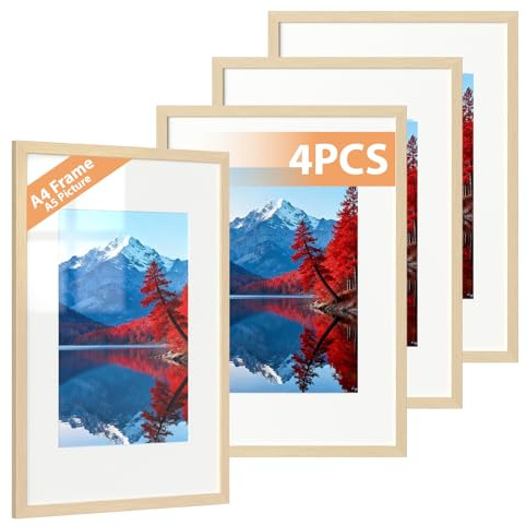 Alyvisun 4 Pcs A4 Cadre, Cadre Photo A4 Display Pictures 14x20 cm avec Passe-partout ou 19,7x29,3 cm sans Passe-partout, Cadre Photo Horizontal et Vertical pour Mur ou Table, Ton Bois