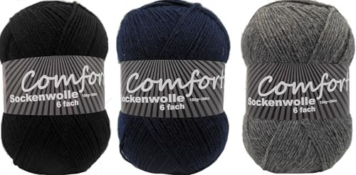 6-fädige Sockenwolle Strumpfwolle 3x150gr Knaul- 375m-Lauflänge - dicke Wolle für besonders warme Socken - l - Farbset (schwarz anthrazit marine)