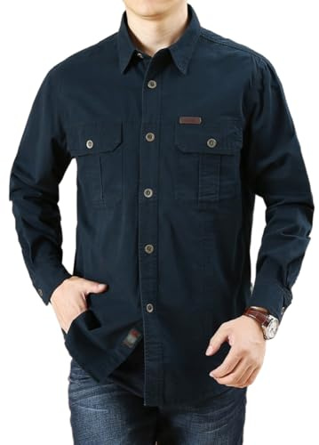 Camisas de Trabajo de Algodón para Hombre, Camisa de Militar de Manga Larga con Botones Ropa Cargo, 2 Bolsillos, Regular Fit para Pesca, Tala, Senderismo, Caza