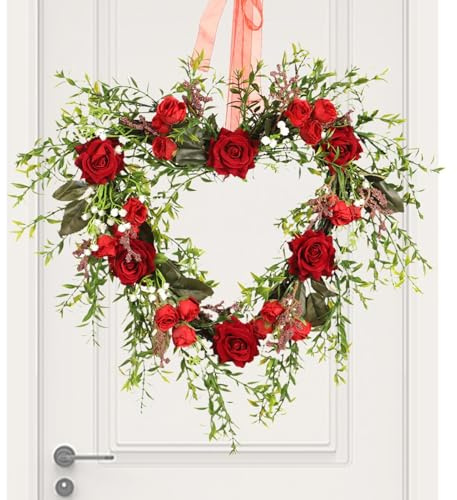 Corona para el día de San Valentín, guirnalda de corazón para decoración del hogar, corona en forma de corazón de flores, para porche, armario, hogar, interior, exterior, Pascua, primavera, Navidad