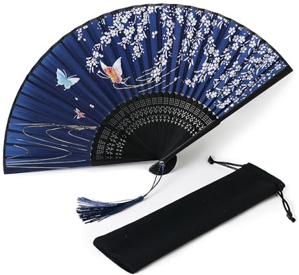 Éventail pliable en bambou pour femme - Pour se rafraîchir l'été - Tissu de soie avec pompon et pochette en velours