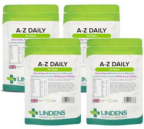 Lindens - Multivitamin A-Z Daily Tablets - 360 Pack (90 x 4) - UK Made - Perfect Vitamin & Mineral Balance of Vitamin A, C, D, E, B1, B2, B3, B6, B12, Folic Acid, Magnesium, Iron, Zinc & Iodine