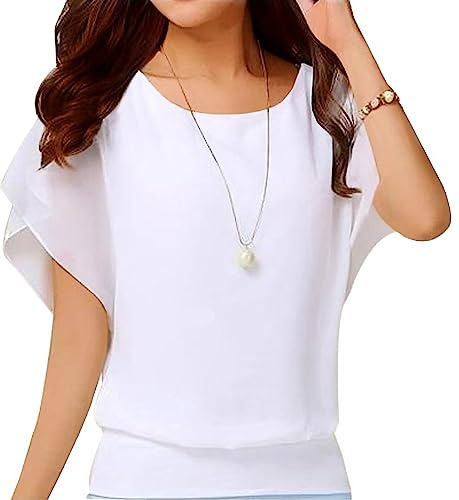 Neineiwu Women's Summer Casual Loose Short Sleeve Round Neck T-Shirt Chiffon Top Blouse (White,Large)