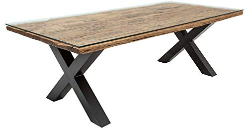 invicta INTERIOR Massiver Esstisch Barracuda antik Teak 220cm inkl. Glasplatte mit schwarzem X-Gestell aus Edelstahl Tisch Konferenztisch