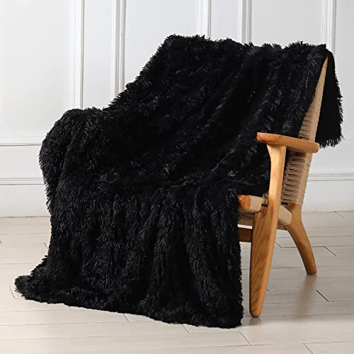 Tuddrom Coperta decorativa extra morbida in finta pelliccia, per letto matrimoniale, 203 x 228 cm, tinta unita, reversibile, soffice e confortevole, in pile di microfibra, per divano, letto, nero
