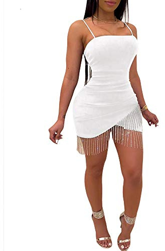 Loalirando Robe à Bretelle Femme Sexy Moulante Mini Robe Crayon Asymétrique Finition Franges Soirée Clubbing Cockail