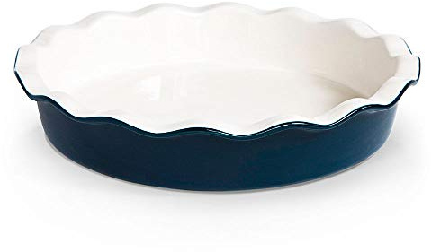 KooK Deep Dish Pie, Pecan Dessert Dish, Porcelain, Ceramic, Deep Dish Plate 10 Inch, Apple Pie, Ruffled Wave Edge, Reusable Round Pan, Oven and Dishwasher Safe, 44 Oz (Navy)