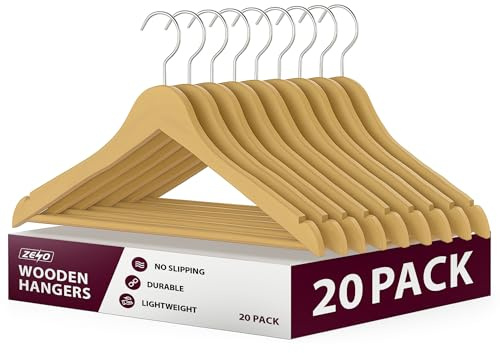 ZENO Wooden Coat Hangers - 20 Pack | 360 Degree Rotatory Hook Hangers For Clothes | Round Trouser Bar & Shoulder Notches | Durable Wardrobe Space Saver | Suitable for Coat, Jacket, Suit, Jumper