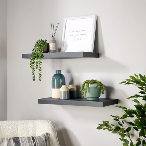 Home Source Pair of 2 Floating Wall Mounted Storage Shelf Wooden DVD Book Shelves, Matt Grey, 60 cm