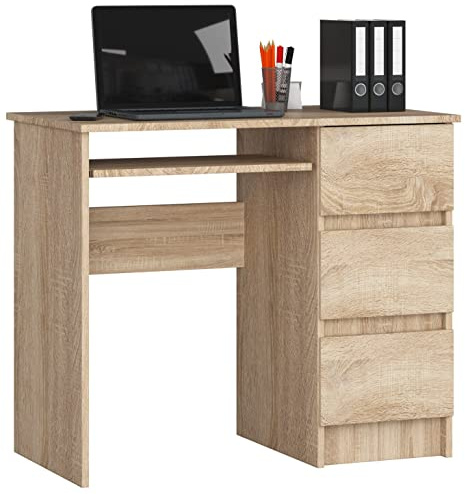 AKORD Bureau Ordinateur A-6 avec Tablette Clavier | L90 x H77 x P50 cm 30 kg | 3 Tiroirs | Petit Bureau de Chambre PC Desk Table