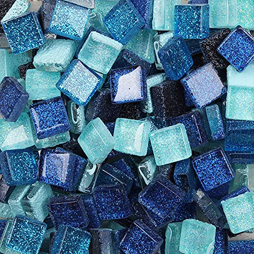 Bunte Glasmosaikfliesen,Bulk-Quadrat Mosaiksteine Glitzerkristall Glasstücke,Glasfliesen Glassteine für Basteln, Haus Deko, 200g, 1 x 1 cm(Blues)