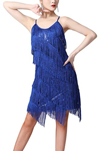 Freebily Abiti da Ballo Donna Senza Maniche Tango Latin Jazz Paillettes Nappa Abito Vestito Vestiti da Latino Americano Frange Lustrino Vestiti da Rumba Salsa Samba Blu Reale S