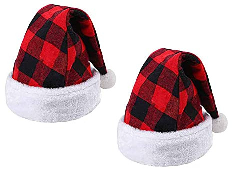 Gesar 2 pezzi Cappello Scozzese Natale - Cappello Babbo Natale Adulto - Morbido Cappello di Natale in Peluche - Cappello Natalizio di Velluto - Costumi di Babbo Natale - Motivo Scozzese