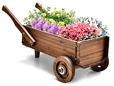 GOPLUS Blumenwagen auf Rädern, Pflanzwagen mit Abflusslöchern & Griffen, Blumenkasten Blumenkarre Pflanzkarre für Garten & Terrasse, 81 x 40 x 38,5cm