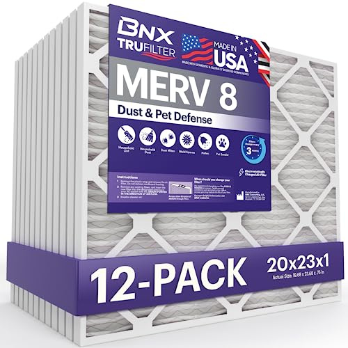 BNX TruFilter 20 x 23 x 1 luftfilter MERV 8 (12-pack) - TILLVERKAD I USA – damm- och husdjursförsvar, elektrostatisk veckad luftkonditionering, HVAC ugnsfilter för damm, husdjur, form, Pollen, MPR 600
