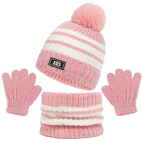 Baynetin Echarpe et Gants Bonnet Ensemble Trois Pièces, Enfant Tricoté Tour de Cou Chaud Bébé Gants Bonnet, Hiver Accessoires pour Fille Garçon 2-8 Ans Ski Activité de Plein Air (Rose)