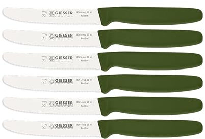 Giesser Messer - Made in Germany - 6er Set Brötchenmesser Tomatenmesser Küchenmesser Allzweckmesser Universalmesser Gemüsemesser 3mm Wellenschliff Klingenlänge 11cm Olive