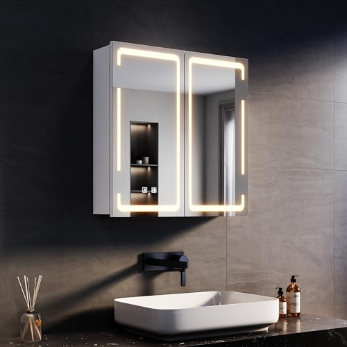 SONNI Spiegelschrank mit Beleuchtung 3 Lichtfarbe Einstellbar und Beschlagfrei 2 Türiger Spiegelschrank mit Kabelloses Scharnier Design und Steckdose 58x60 cm weiß