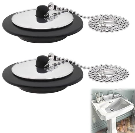 Lot de 2 bouchons de rechange universels pour évier de salle de bain, cuisine avec chaîne en acier inoxydable de 45 cm et anneau de suspension pour baignoire (taille 4,2 cm à 4,5 cm, chaîne 41,9 cm)