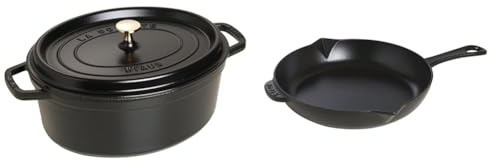 Staub Cast Iron Roaster/Cocotte, Oval 37 cm, 8 L, Black & Cast Iron Fry Pan, Black, 25 cm