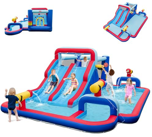 COSTWAY 9 en 1 Château Gonflable avec Doubles Toboggans Aquatiques & Piscine, Aire de Jeux Gonflable avec Zone de Saut & 3 Canons à Eau, Charge 135kg pour 3 Enfants de 3-5 Ans