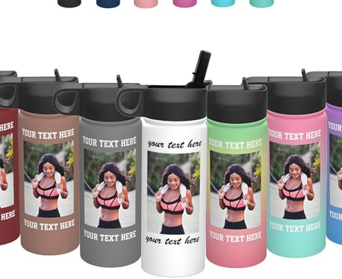 OMNRELM Personalisierte Trinkflasche mit Foto und Text, 500ml Edelstahl Thermoskanne Personalisiert mit Strohhalm für Sport Fitnessstudio Wandern, Geschenk für Freund Papa Mama Opa Oma (Bild und Text)