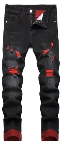 Herr Slim Fit Stretch Jeans Revade Skinny för Män, Bedrövad Rakt Ben Mode Komfort Flex Midja Jeans, Tonåring Casual Mode Designer Klassisk Normal Passform Basic Denim Byxor, E #svart, 48