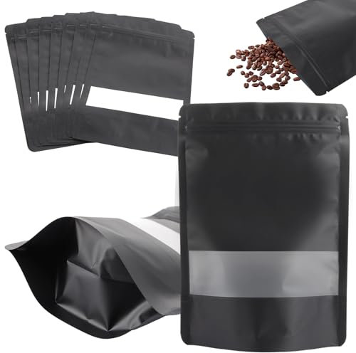 LOLYSIC 100Pcs Mylar Bags Stand-Up Foil Ziplock Bags with Window, 15x22cm Resealable Smell Proof Aluminium Pouch Baggies for Food Craft Storage Smaple Packaging, Black