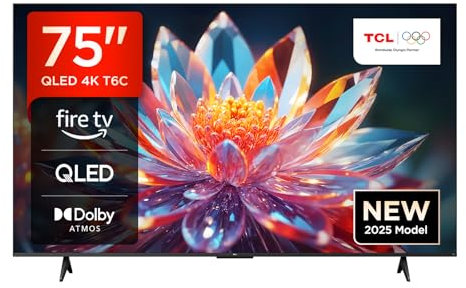 TCL 75T6C-UK 75” QLED 4K HDR TV, Fire TV (Smart TV with Dolby Vision & Atmos, HDR10+, Press & Ask Alexa, 2025 New Model)