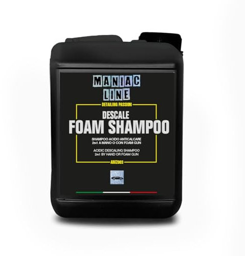 Ma-Fra, Maniac Car Detailing Line, Formato 2L, Descale Foam Shampoo, Shampoo Acido Anticalcare 2in1 a Mano o Foam Gun, Elimina Contaminazioni di Calcare Causate da Macchie d'Acqua o Piogge Sabbiose