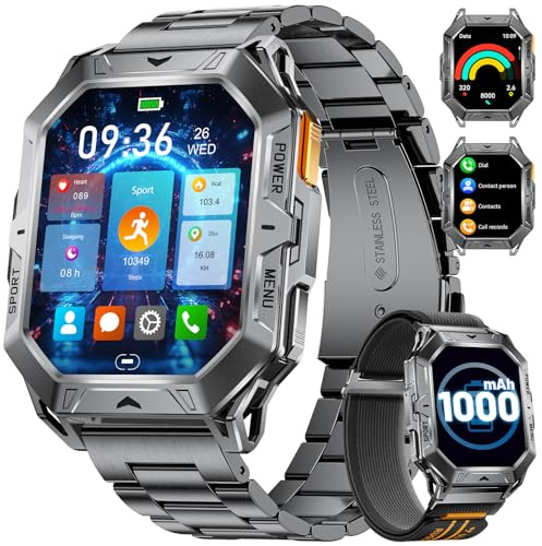 LIGE Smart klocka för män med kompass, barometer, tryck och höjdmätare, stor AMOLED Smartwatch-skärm, kompatibel med Android iOS, batteri 1 000 mAh, 100+ sportlägen, svart