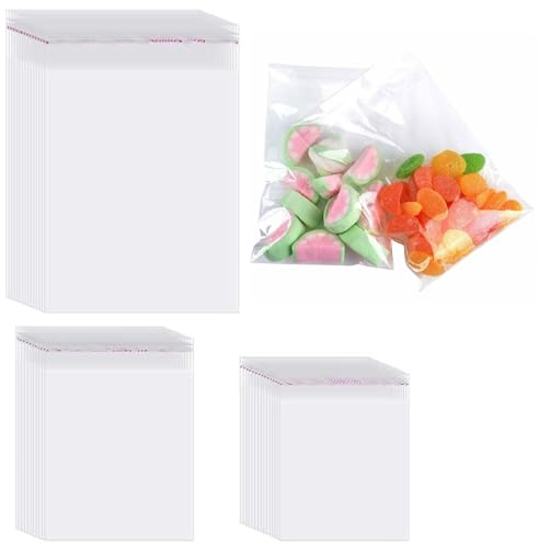 Cellophane Bags Pack of 300, Three Size 4x6, 5x7, 6x9 Inch Small Clear Cellophane Sweet Cookie Bag, Food Safe, Seal Clear Self-Adhesive OPP Display Sealable Bags for Envelopes, Gifts, Cards, Pictures