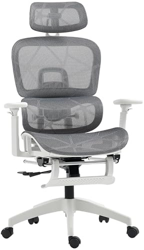HOMCOM Ergonomic Office Chair, Mesh High Back Computer Desk Chair with 4 Level Adjustable Back, Adjustable Lumbar Support, Swivel Recliner with 3D Armrest, Headrest, Footrest, Grey and White