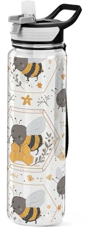susiyo Honeycomb and Bees Water Bottle 32oz Durable and Leakproof Water Bottles with Strap, Tritan & BPA Free, Wide Mouth with Easy Clean Brush for Gym, Travel, School, Office