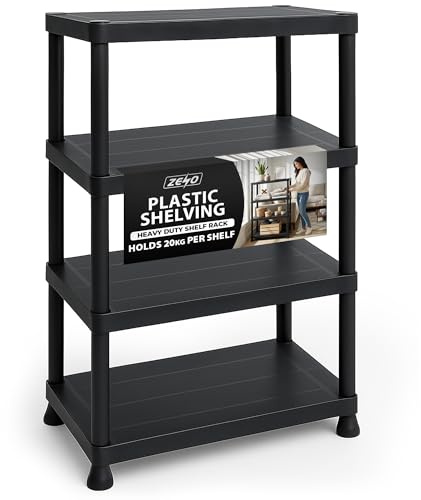 ZENO Plastic Shelving Unit 4 Tier | Storage Shelves 80KG Total Load Capacity | Plastic Shelving for Home Garage, Kitchen, Shed and Workshop | Heavy Duty Stable Frame | Easy Tool Free Assembly