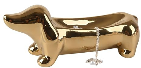 Zosutetoxo soporte de anillos Dachshund dorado de cerámica - Bandeja para anillos y pendientes - Figura decorativa de perro salchicha para baño y dormitorio - Plato de joyería y bandeja para llaves