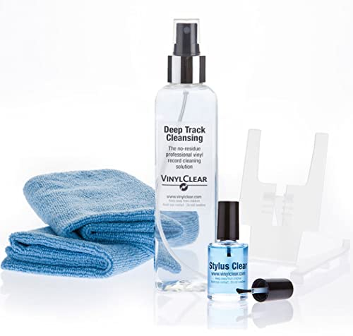 Rengöringssats för klar vinylskiva. 250 ml av flytande premiumkvalitet med vikbart stativ, två mikrokanter och instruktioner.