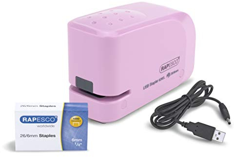 Rapesco 1451 Automatisk Elektrisk Häftapparat 626EL med 1000 Häftklamrar | medUSB-kabel eller (ingår) Batteridrift (Batteri Medföljer Ej), Kapacitet 15 Ark, Godis Rosa