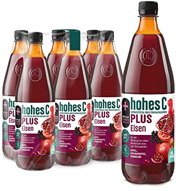 hohes C PLUS Eisen (6 x 1l), 100% Saft, Apfel, Himbeere, Granatapfel, Vitamin C, PLUS an Eisen, ohne Zuckerzusatz, vegan, mit recyceltem PET