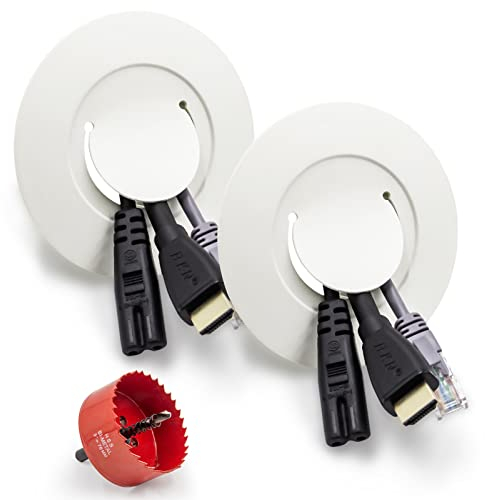 Ocultar Cables TV para TV Montado en la Pared, HASA zone Salida de Cable Blanco Pasacables Mesa para Esconder Cables de TV Contiene 2 Kit de Pasacables y 1 Coronas Perforadora Fácil Instalar