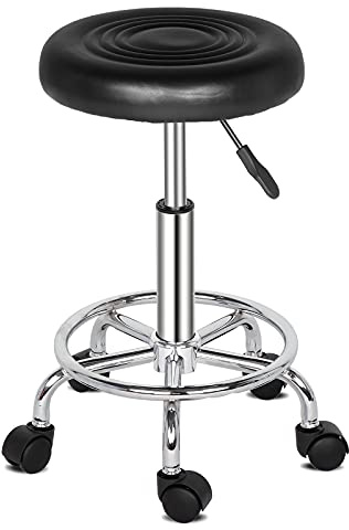 TactFire Sgabello Girevole con Ruote,Altezza in pelle PU Regolabile Sedia da lavoro,Sgabello da Lavoro per Studio Ufficio Salone di Bellezza (Black)