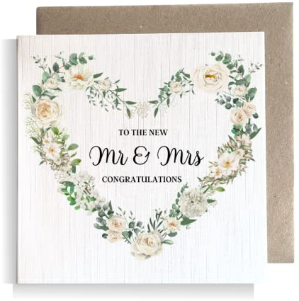 Second Ave Mr & Mrs Flower Heart Wreath Square Card Wedding Day Congratulations Card